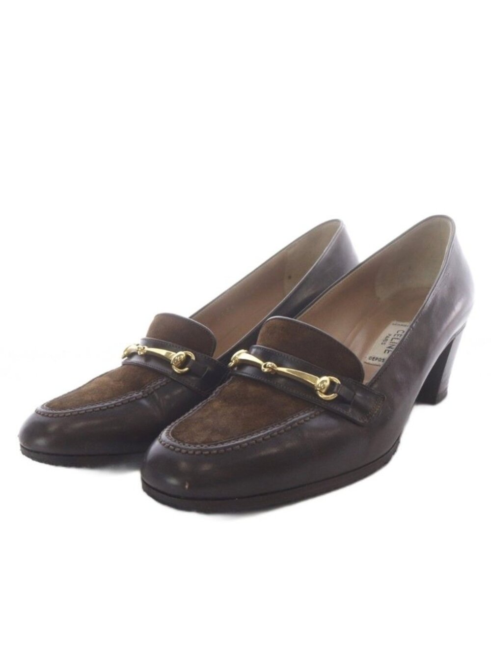 Celine Pumps Bit Chunky Heel Leather Suede Brown